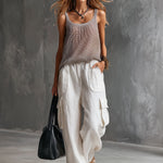 Vacation Retro Gray Mesh Knit Vest And White Cotton Linen Work Pants Set