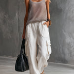 Vacation Retro Gray Mesh Knit Vest And White Cotton Linen Work Pants Set