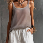 Vacation Retro Gray Mesh Knit Vest And White Cotton Linen Work Pants Set