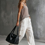 Vacation Retro Gray Mesh Knit Vest And White Cotton Linen Work Pants Set