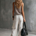 Vacation Retro Gray Mesh Knit Vest And White Cotton Linen Work Pants Set