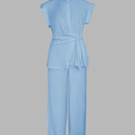2 Pieces Outfit Turn-down Collar Cap Sleeve Button Front Tied Detail Top and Casual Zipper Fly Elastic Back Waist Wide-Leg Pants Set