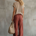 Retro Brick Red Cotton and Linen Wide-leg Pants