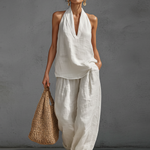 Casual Urban Style White Linen V-neck Sleeveless Top And Wide Leg Pants Set