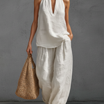 Casual Urban Style White Linen V-neck Sleeveless Top And Wide Leg Pants Set