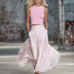 Elegant Retro Flowy Pink Knit Top And Striped Chiffon Skirt Set