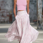 Elegant Retro Flowy Pink Knit Top And Striped Chiffon Skirt Set