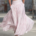 Elegant Retro Flowy Pink Knit Top And Striped Chiffon Skirt Set