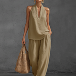 Casual Urban Style White Linen V-neck Sleeveless Top And Wide Leg Pants Set