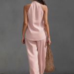 Casual Urban Style White Linen V-neck Sleeveless Top And Wide Leg Pants Set