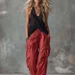 Retro Casual Workwear Style Black V-Neck Mesh Top And Red Cotton Pants Set