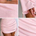 Women's Foldover Off Shoulder Long Sleeve Ruched Mini Dress Drawstring Bodycon Dress