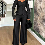 Women's 2 Piece Stripe Suit Elegant Sweetheart Neck Peplum Blazer and High Waisted Wide Leg Pants Business Outfits