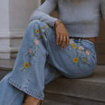 Women's High Waisted Floral Embroidered Wide Leg Jeans Washed Denim Pants