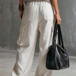 Casual Retro White Cotton And Linen Cargo Pants