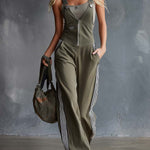 Retro Fashion Sports V-Neck Front-Zip Olive Green Cotton Overalls Jumpsuit