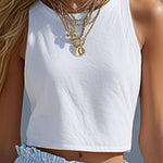 Stylish Casual White Cotton Tank Top And Blue Striped Pants Set