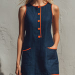 Casual Retro Color-blocked Trim Blue Sleeveless Round Neck Cotton Linen Mini Dress