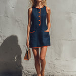 Casual Retro Color-blocked Trim Blue Sleeveless Round Neck Cotton Linen Mini Dress