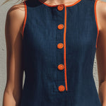 Casual Retro Color-blocked Trim Blue Sleeveless Round Neck Cotton Linen Mini Dress