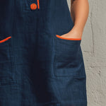 Casual Retro Color-blocked Trim Blue Sleeveless Round Neck Cotton Linen Mini Dress