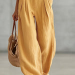 Retro-style Wide-strap Single-breasted Cotton-linen Sleeveless Jumpsuit