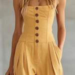 Retro-style Wide-strap Single-breasted Cotton-linen Sleeveless Jumpsuit