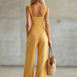 Retro-style Wide-strap Single-breasted Cotton-linen Sleeveless Jumpsuit