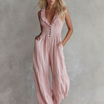 Casual Retro Ruffled Pink Sleeveless V-neck Button Cotton And Linen Jumpsuit