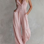 Casual Retro Ruffled Pink Sleeveless V-neck Button Cotton And Linen Jumpsuit