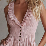 Casual Retro Ruffled Pink Sleeveless V-neck Button Cotton And Linen Jumpsuit