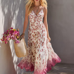 Elegant Retro White Gradient Leopard Print Chiffon Spaghetti-Strap Maxi Dress