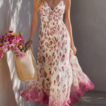 Elegant Retro White Gradient Leopard Print Chiffon Spaghetti-Strap Maxi Dress