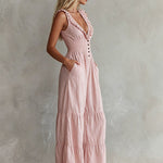 Casual Retro Ruffled Pink Sleeveless V-neck Button Cotton And Linen Jumpsuit