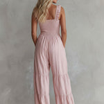Casual Retro Ruffled Pink Sleeveless V-neck Button Cotton And Linen Jumpsuit