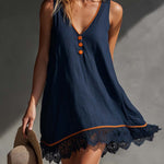 Casual Vacation V-Neck Front Buttons Lace Hem Dark Blue Cotton-Linen Mini Dress