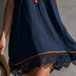 Casual Vacation V-Neck Front Buttons Lace Hem Dark Blue Cotton-Linen Mini Dress