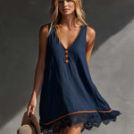 Casual Vacation V-Neck Front Buttons Lace Hem Dark Blue Cotton-Linen Mini Dress