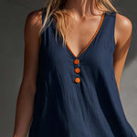 Casual Vacation V-Neck Front Buttons Lace Hem Dark Blue Cotton-Linen Mini Dress