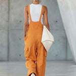 Orange Cotton-linen Multi-pocket Wide-leg Overalls