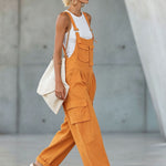 Orange Cotton-linen Multi-pocket Wide-leg Overalls