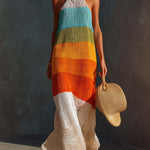 Breathable Vacation Halter-Neck Lightweight Striped Knit Maxi Dress