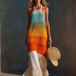 Breathable Vacation Halter-Neck Lightweight Striped Knit Maxi Dress
