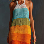 Breathable Vacation Halter-Neck Lightweight Striped Knit Maxi Dress