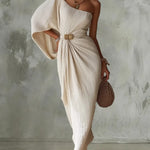 Asymmetrical One Shoulder Pleated Maxi Dress, Draped Batwing Sleeve Evening Dress