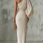 Asymmetrical One Shoulder Pleated Maxi Dress, Draped Batwing Sleeve Evening Dress
