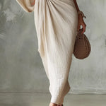 Asymmetrical One Shoulder Pleated Maxi Dress, Draped Batwing Sleeve Evening Dress