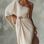 Asymmetrical One Shoulder Pleated Maxi Dress, Draped Batwing Sleeve Evening Dress