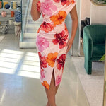 Women's Floral Skew Neck Midi Dress Ruched Slim Fit Dress Wrapped Slit Vacation Dress