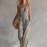Retro Casual Distressed Gray-Blue Raw Hem Denim Jumpsuit